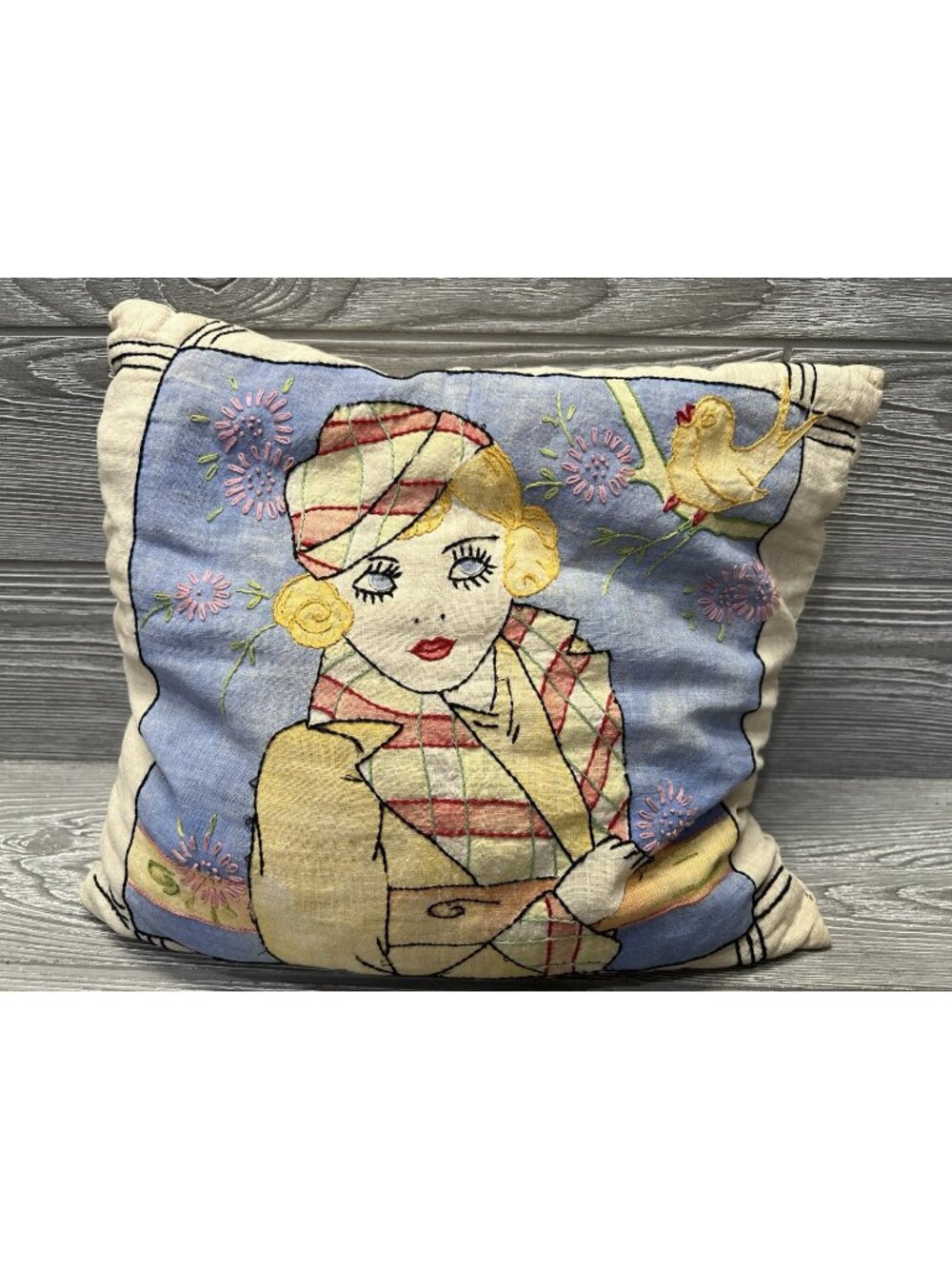 Vintage Throw Pillow 1940s Woman Embroidered Retro Soft 11” X 12”